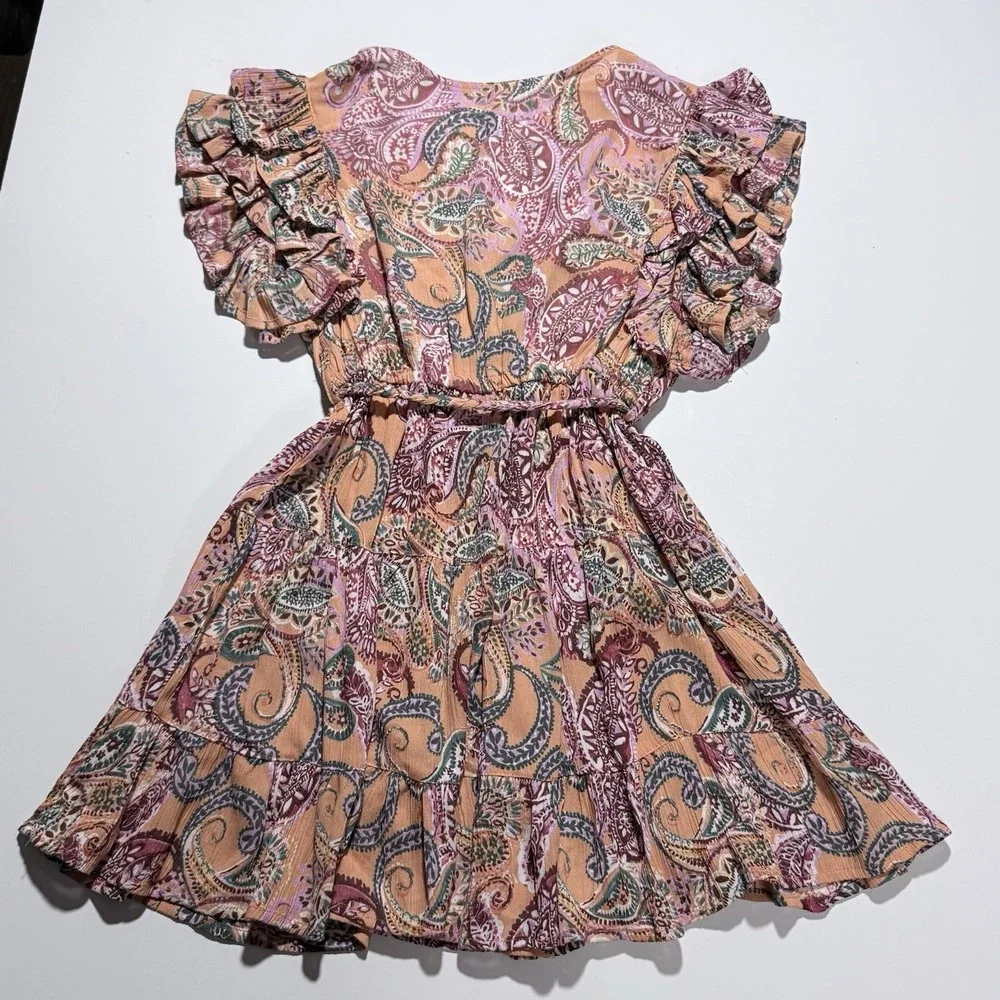Angie Girls Multicolor Boho Paisley Mini Dress Flutter Ruffle Sleeve Tassel Tie